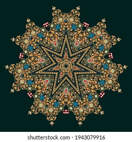Hex with intricate pattern. Flower with six patterned petals. Mandala.