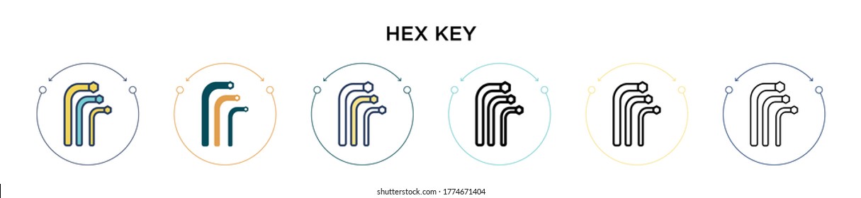 Hex key icon in filled, thin line, outline and stroke style. Vector illustration of two colored and black hex key vector icons designs can be used for mobile, ui, web