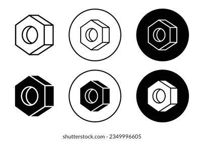 Hex-Nuss-Symbol-Set. Stahlmutter-Vektorsymbol in schwarz gefüllter und umrissener Form.