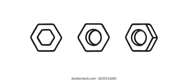 Hex nut icons in bold outline style Vector
