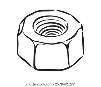 Hex nut illustration. Black and white sketch.