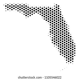 Hex pixel Florida map. Vector halftone geographic plan on a white background. Abstract Florida map collage is constructed of hex-tile items.