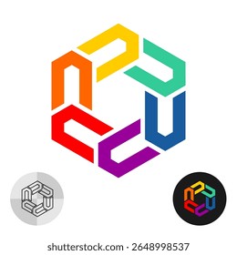 cores arco-íris Hex abstrato logotipo de estilo técnico. Forma hexagonal colorido industrial, brinquedos de quebra-cabeça de criança ou símbolo de construção com setas de espaço negativas ao redor