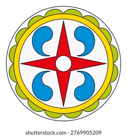 Hex sign with raindrops and star motif, used to attract harvest bounty. Four-pointed star for cardinal directions, with comma shaped water droplets, in the style of Pennsylvania Dutch folk art. Vector