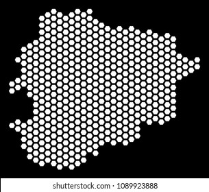 Hex tile Andorra map. Vector territory plan on a black background. Abstract Andorra map composition is created of hex tile elements.