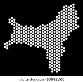Hex tile Christmas Island map. Vector territorial scheme on a black background. Abstract Christmas Island map mosaic is done of hex-tile spots.