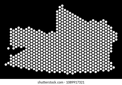 Hex tile Kaliningrad Region map. Vector territorial scheme on a black background. Abstract Kaliningrad Region map composition is combined with hex tile items.