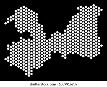 Hex tile Leningrad Oblast map. Vector territory plan on a black background. Abstract Leningrad Oblast map concept is made of hex tile spots.