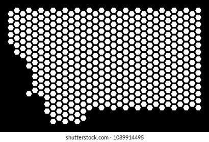 Hex tile Montana State map. Vector territorial plan on a black background. Abstract Montana State map concept is organized of hex-tile spots.