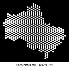 Hex tile Moscow Oblast map. Vector geographic plan on a black background. Abstract Moscow Oblast map collage is made of hex-tile spots.