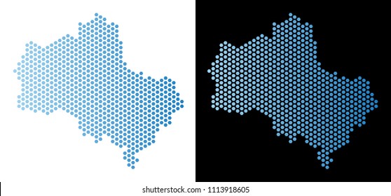 Hex Tile Moscow Oblast map. Vector territorial plan in light blue color with horizontal gradient on white and black backgrounds. Abstract Moscow Oblast map concept is constructed from hex-tile blots.