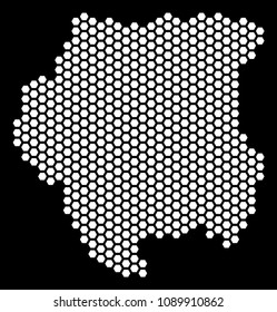 Hex tile Suriname map. Vector geographic scheme on a black background. Abstract Suriname map collage is composed with honeycomb cells.
