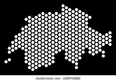Hex tile Swissland map. Vector territorial plan on a black background. Abstract Swissland map mosaic is formed with hexagon cells.
