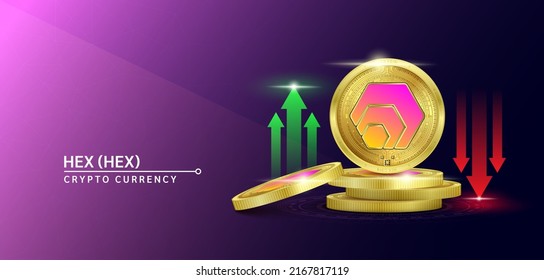 Banner de criptodivisa de token HEX. Futura moneda en el mercado bursátil de blockchain con flechas rojas-verdes arriba y abajo. Monedas de oro cripto monedas. Cartel de noticias de fondo sólido. Vector 3D.