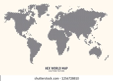 Hex World Map Vector Isolated on Light Background. Hexagonal Halftone Global Geographical Atlas