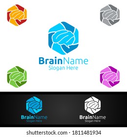 Logotipo de hexa cerebral con diseño de vectores de ideas de reflexión