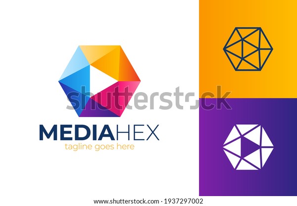 Hexa media play vector Logo. hex shape frame tech\
industry logo template. Abstract media triangle hexagon logotype\
with play arrow middle