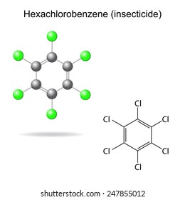 Hexachlorobenzene - model and formula of insecticide, 2d & 3d illustration, vector, eps 8
