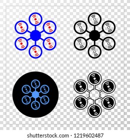 Hexacopter EPS vector pictogram with contour, black and colored versions. Illustration style is flat iconic symbol on chess transparent background.