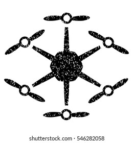 Hexacopter grainy textured icon for overlay watermark stamps. Flat symbol with dust texture. Dotted vector black ink rubber seal stamp with grunge design on a white background.