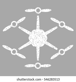 Hexacopter grainy textured icon for overlay watermark stamps. Flat symbol with dirty texture. Dotted vector white ink rubber seal stamp with grunge design on a silver background.
