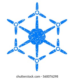 Hexacopter grainy textured icon for overlay watermark stamps. Flat symbol with dust texture. Dotted vector blue ink rubber seal stamp with grunge design on a white background.