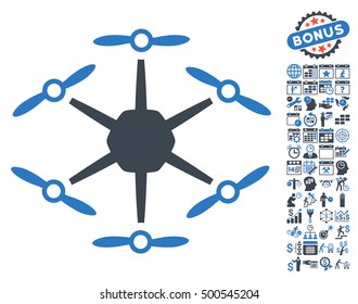 Hexacopter icon with bonus calendar and time management pictograph collection. Vector illustration style is flat iconic symbols, smooth blue colors, white background.