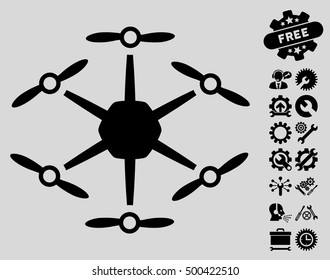 Hexacopter icon with bonus configuration images. Vector illustration style is flat iconic symbols, black color, light gray background.