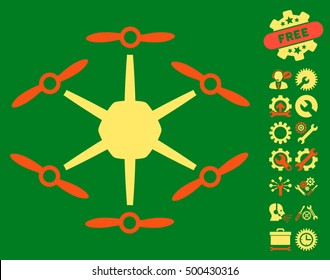 Hexacopter icon with bonus tools design elements. Vector illustration style is flat iconic symbols, orange and yellow colors, green background.