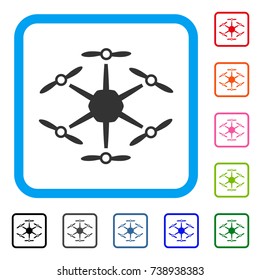 Hexacopter icon. Flat gray iconic symbol inside a light blue rounded rectangle. Black, gray, green, blue, red, orange color versions of Hexacopter vector. Designed for web and application interfaces.