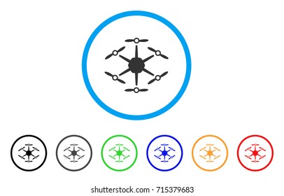 Hexacopter icon. Vector illustration style is a flat iconic hexacopter grey rounded symbol inside light blue circle with black, gray, green, blue, red, orange color versions.