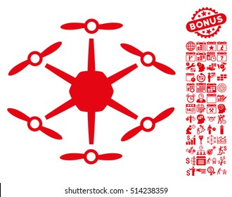 Hexacopter pictograph with bonus calendar and time service clip art. Vector illustration style is flat iconic symbols, red color, white background.