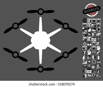 Hexacopter pictograph with bonus calendar and time service pictograph collection. Vector illustration style is flat iconic symbols, black and white colors, gray background.