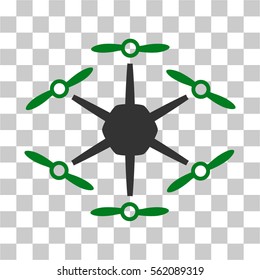 Hexacopter vector icon. Illustration style is flat iconic bicolor green and gray symbol on a transparent background.