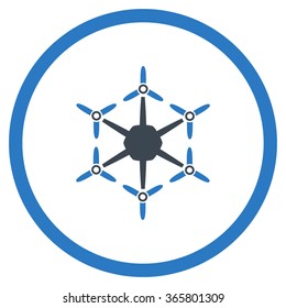 Hexacopter vector icon. Style is bicolor flat circled symbol, smooth blue colors, rounded angles, white background.