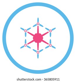 Hexacopter vector icon. Style is bicolor flat circled symbol, pink and blue colors, rounded angles, white background.