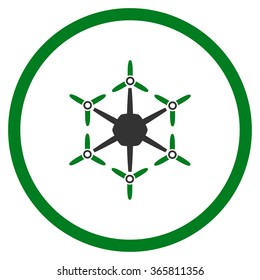 Hexacopter vector icon. Style is bicolor flat circled symbol, green and gray colors, rounded angles, white background.