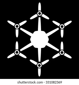 Hexacopter vector icon. Style is flat white symbol, rounded angles, black background.