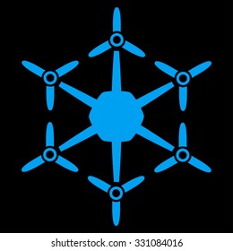 Hexacopter vector icon. Style is flat blue symbol, rounded angles, black background.