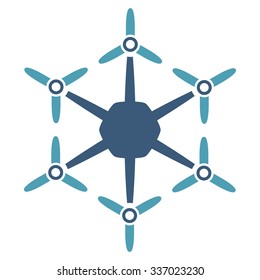 Hexacopter vector icon. Style is flat bicolor cyan and blue symbol, rounded angles, white background.