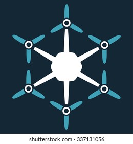 Hexacopter vector icon. Style is flat bicolor blue and white symbol, rounded angles, dark blue background.