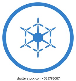 Hexacopter vector icon. Style is flat circled symbol, cobalt color, rounded angles, white background.