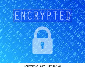 Hexadecimal numbers and letters with padlock symbol and Encrypted text vector background