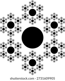 Patrón de Fractal hexaflake sobre un fondo blanco, creado a partir de Formas circulares negras con una estructura geométrica abstracta, diseño único y auto-similitud. Adecuado para ilustración matemática, científica y educativa, fondo y diseño de carteles.
