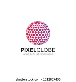 Hexagon 3d Globe Logo Design Vector Symbol Icon. Dotted Globe Icon / Technology,  Tech Icon And Symbol