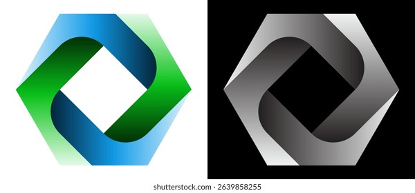 Hexagon with 4 elements green and blue colors in spiral. Eco-friendly logo concept, icon or design element. The same shape in grey colors on a black background.