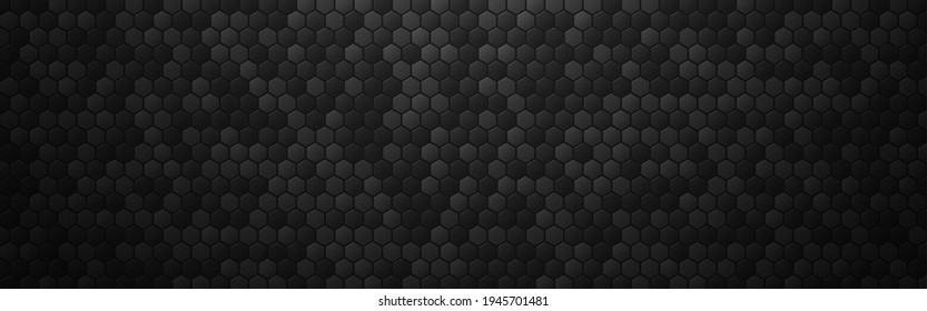 Fondo abstracto del hexágono. Textura de metal negro con efecto de células 3d. Banner industrial oscuro con sombra. Gran telón de fondo futurista de carbono. Ilustración vectorial.