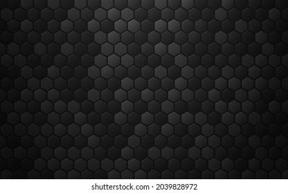 Hexagon abstract background. Dark honeycomb design. Black metal texture. Gray carbon effect. Steel backdrop with shadow. Vector illustration.