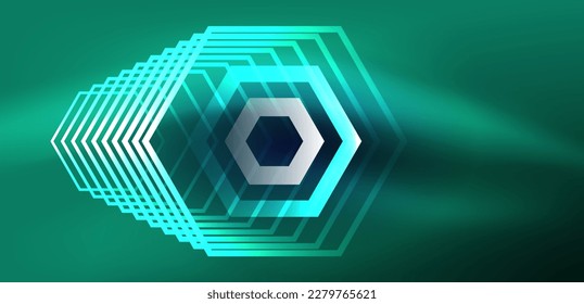 Hexagon abstract background. Techno glowing neon hexagon shapes vector illustration for wallpaper, banner, background, landing page, wall art, invitation, prints, posters