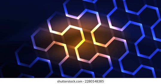 Hexagon abstract background. Techno glowing neon hexagon shapes vector illustration for wallpaper, banner, background, landing page, wall art, invitation, prints, posters